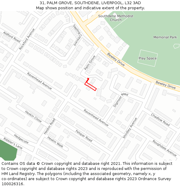 31, PALM GROVE, SOUTHDENE, LIVERPOOL, L32 3AD: Location map and indicative extent of plot