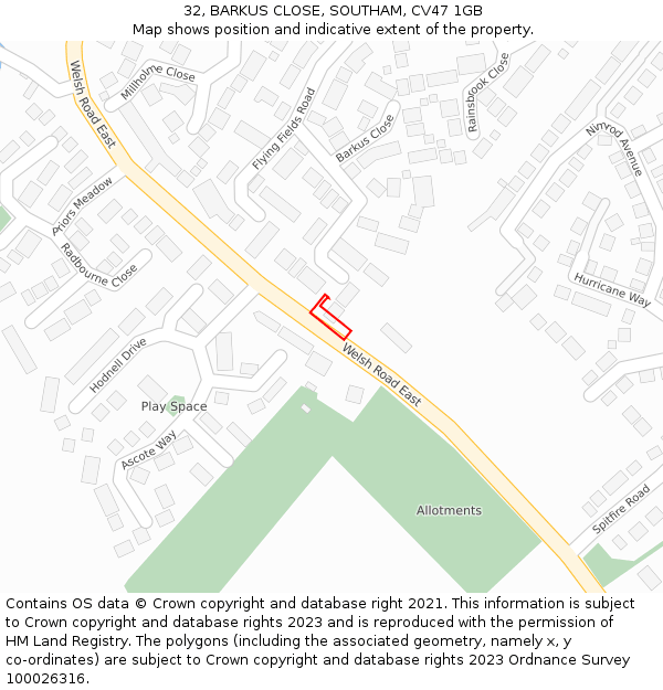 32, BARKUS CLOSE, SOUTHAM, CV47 1GB: Location map and indicative extent of plot