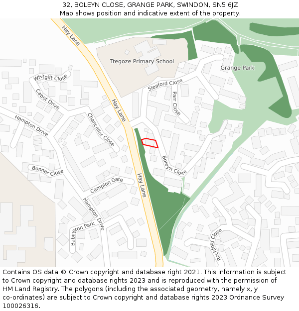 32, BOLEYN CLOSE, GRANGE PARK, SWINDON, SN5 6JZ: Location map and indicative extent of plot