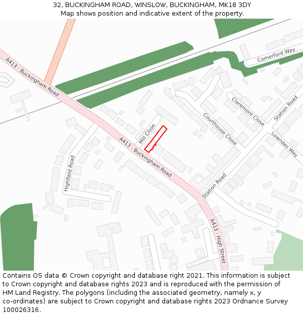 32, BUCKINGHAM ROAD, WINSLOW, BUCKINGHAM, MK18 3DY: Location map and indicative extent of plot