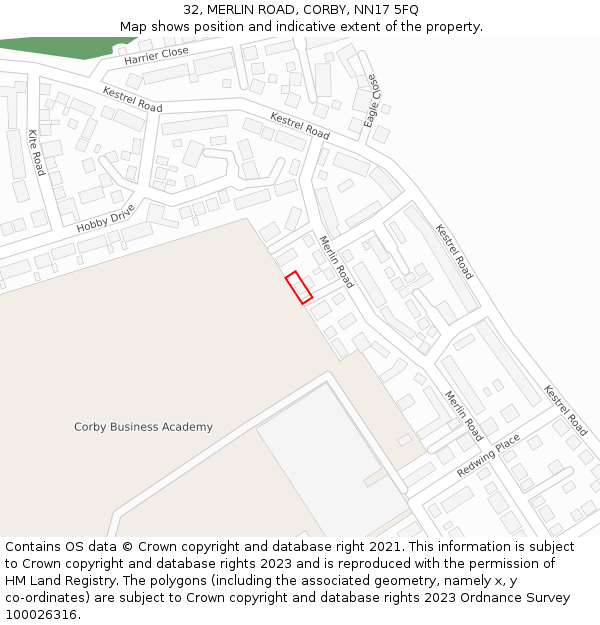32, MERLIN ROAD, CORBY, NN17 5FQ: Location map and indicative extent of plot