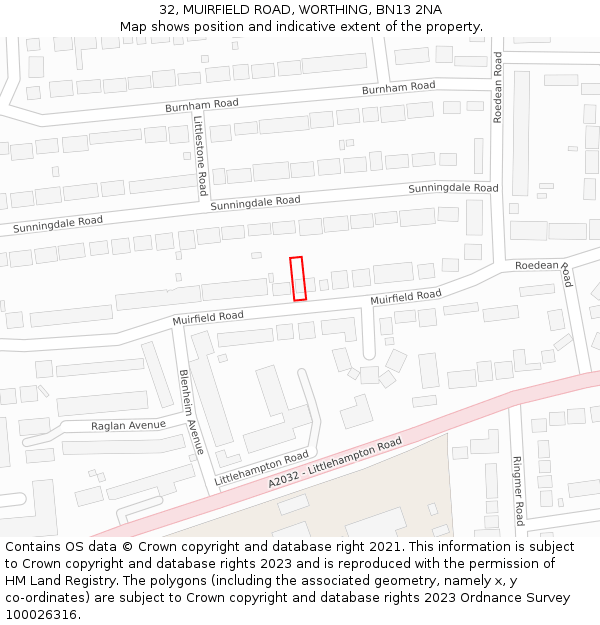 32, MUIRFIELD ROAD, WORTHING, BN13 2NA: Location map and indicative extent of plot