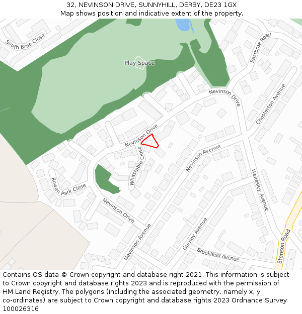 32, NEVINSON DRIVE, SUNNYHILL, DERBY, DE23 1GX: Location map and indicative extent of plot