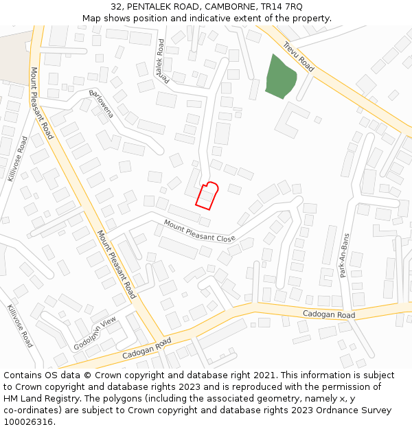 32, PENTALEK ROAD, CAMBORNE, TR14 7RQ: Location map and indicative extent of plot