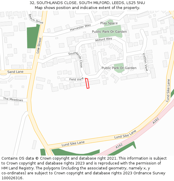 32, SOUTHLANDS CLOSE, SOUTH MILFORD, LEEDS, LS25 5NU: Location map and indicative extent of plot