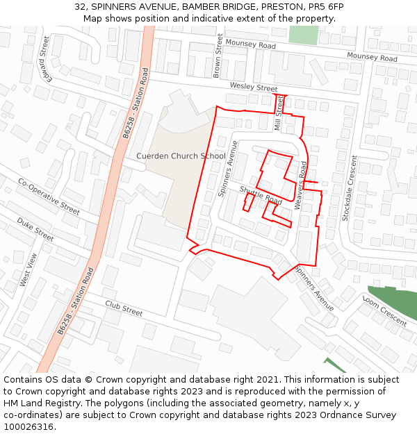 32, SPINNERS AVENUE, BAMBER BRIDGE, PRESTON, PR5 6FP: Location map and indicative extent of plot