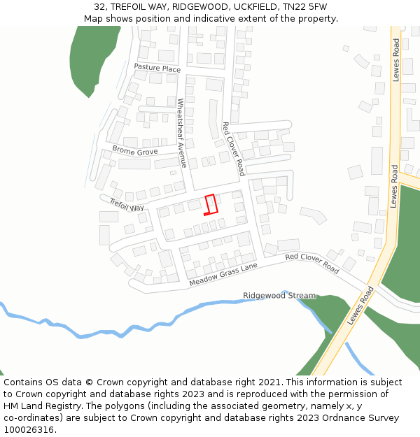 32, TREFOIL WAY, RIDGEWOOD, UCKFIELD, TN22 5FW: Location map and indicative extent of plot