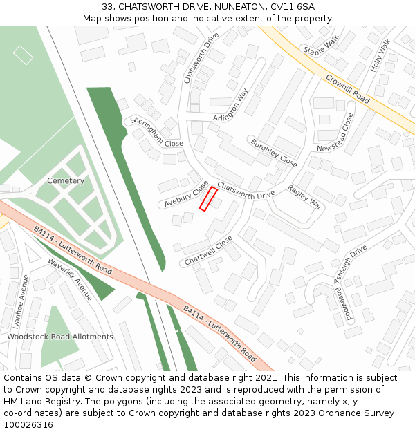 33, CHATSWORTH DRIVE, NUNEATON, CV11 6SA: Location map and indicative extent of plot