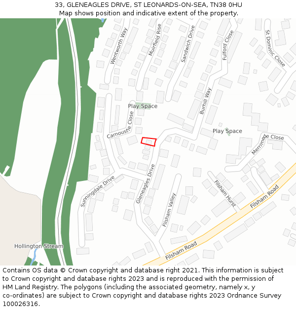 33, GLENEAGLES DRIVE, ST LEONARDS-ON-SEA, TN38 0HU: Location map and indicative extent of plot