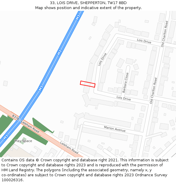 33, LOIS DRIVE, SHEPPERTON, TW17 8BD: Location map and indicative extent of plot