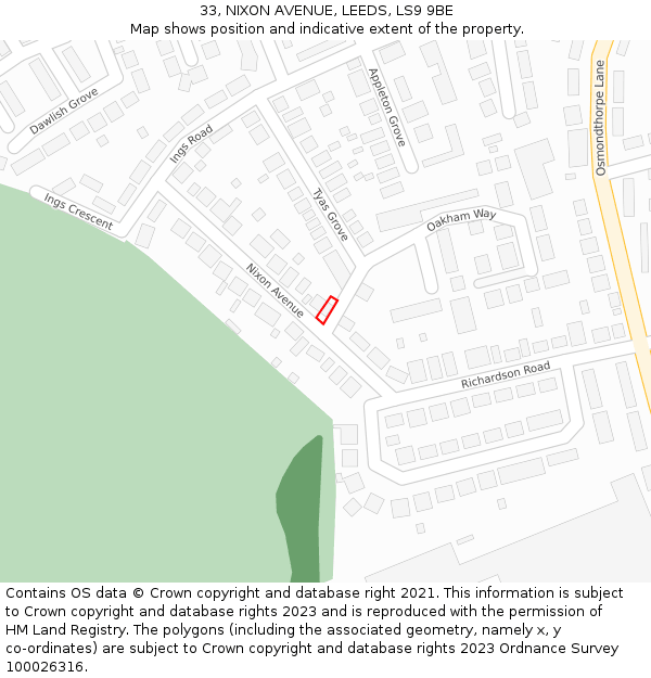 33, NIXON AVENUE, LEEDS, LS9 9BE: Location map and indicative extent of plot