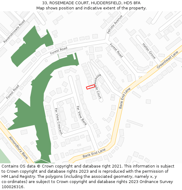 33, ROSEMEADE COURT, HUDDERSFIELD, HD5 8FA: Location map and indicative extent of plot