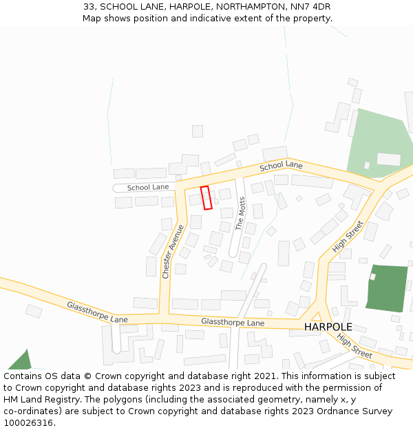 33, SCHOOL LANE, HARPOLE, NORTHAMPTON, NN7 4DR: Location map and indicative extent of plot