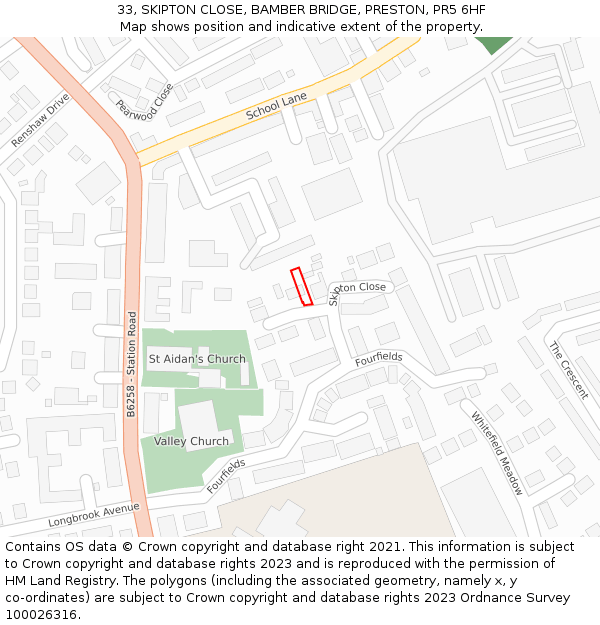 33, SKIPTON CLOSE, BAMBER BRIDGE, PRESTON, PR5 6HF: Location map and indicative extent of plot