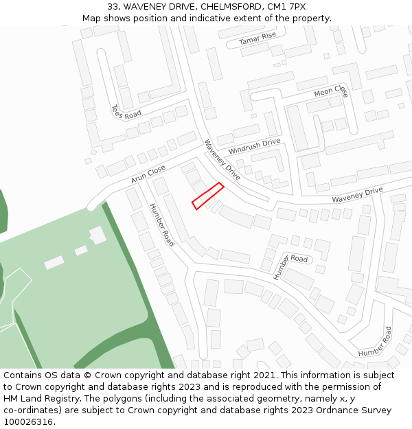 33, WAVENEY DRIVE, CHELMSFORD, CM1 7PX: Location map and indicative extent of plot