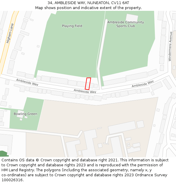 34, AMBLESIDE WAY, NUNEATON, CV11 6AT: Location map and indicative extent of plot