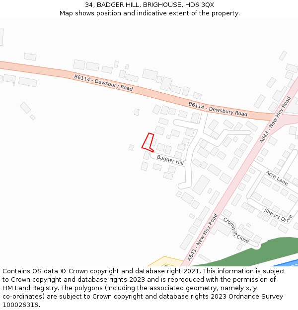 34, BADGER HILL, BRIGHOUSE, HD6 3QX: Location map and indicative extent of plot