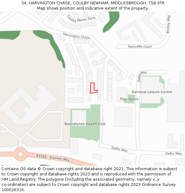 34, HARVINGTON CHASE, COULBY NEWHAM, MIDDLESBROUGH, TS8 0TR: Location map and indicative extent of plot