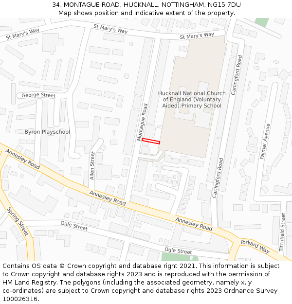 34, MONTAGUE ROAD, HUCKNALL, NOTTINGHAM, NG15 7DU: Location map and indicative extent of plot