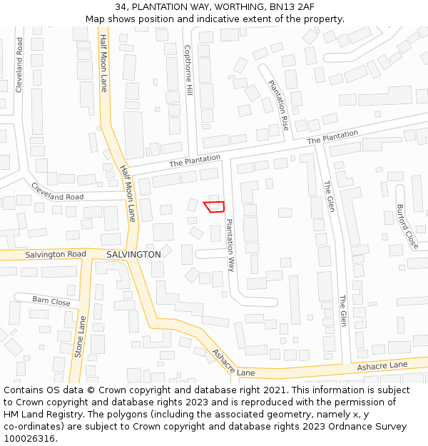 34, PLANTATION WAY, WORTHING, BN13 2AF: Location map and indicative extent of plot