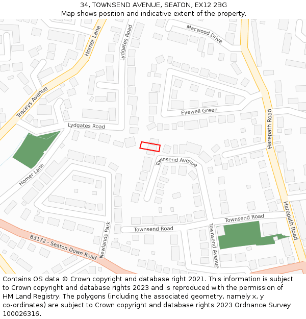 34, TOWNSEND AVENUE, SEATON, EX12 2BG: Location map and indicative extent of plot