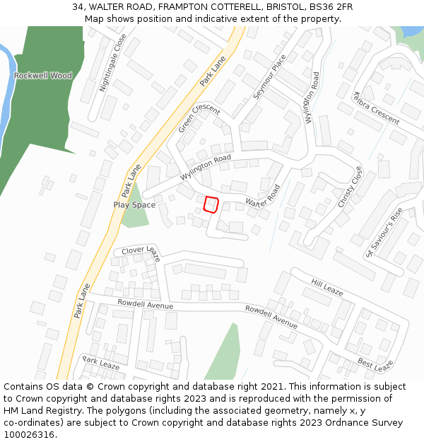 34, WALTER ROAD, FRAMPTON COTTERELL, BRISTOL, BS36 2FR: Location map and indicative extent of plot