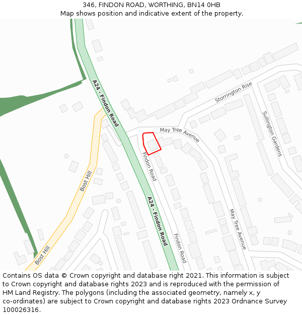 346, FINDON ROAD, WORTHING, BN14 0HB: Location map and indicative extent of plot