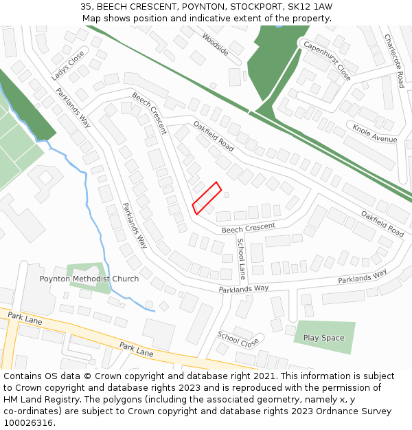 35, BEECH CRESCENT, POYNTON, STOCKPORT, SK12 1AW: Location map and indicative extent of plot