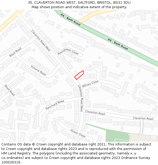 35, CLAVERTON ROAD WEST, SALTFORD, BRISTOL, BS31 3DU: Location map and indicative extent of plot