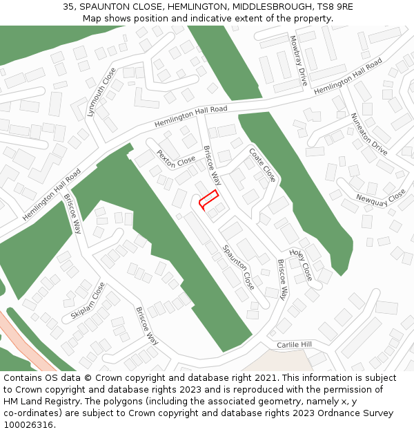 35, SPAUNTON CLOSE, HEMLINGTON, MIDDLESBROUGH, TS8 9RE: Location map and indicative extent of plot