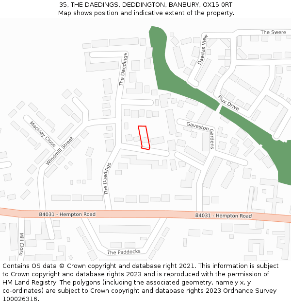 35, THE DAEDINGS, DEDDINGTON, BANBURY, OX15 0RT: Location map and indicative extent of plot