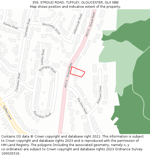 359, STROUD ROAD, TUFFLEY, GLOUCESTER, GL4 0BB: Location map and indicative extent of plot