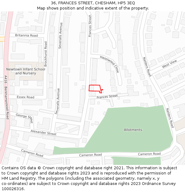 36, FRANCES STREET, CHESHAM, HP5 3EQ: Location map and indicative extent of plot