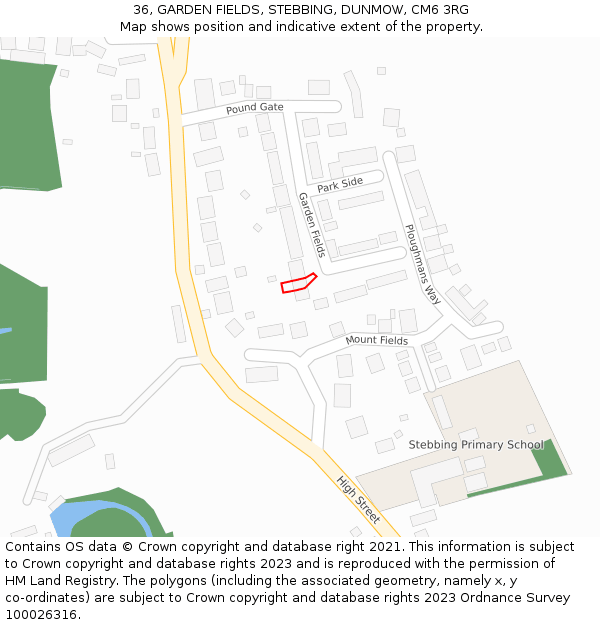 36, GARDEN FIELDS, STEBBING, DUNMOW, CM6 3RG: Location map and indicative extent of plot