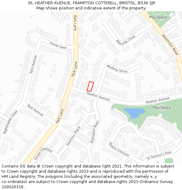 36, HEATHER AVENUE, FRAMPTON COTTERELL, BRISTOL, BS36 2JR: Location map and indicative extent of plot