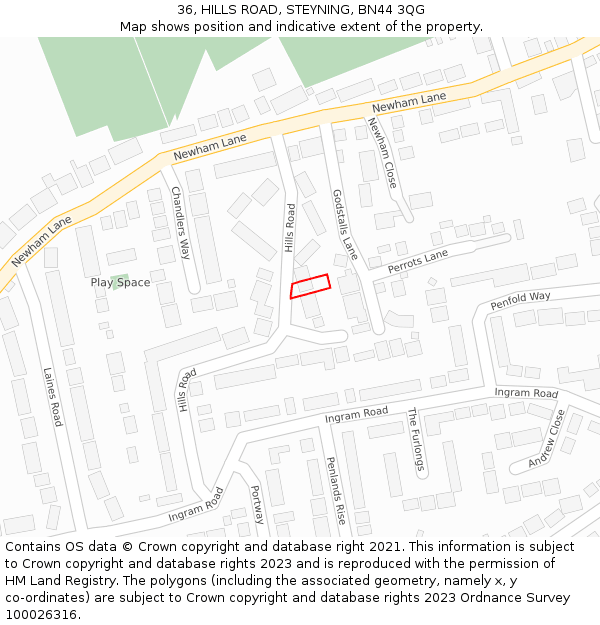 36, HILLS ROAD, STEYNING, BN44 3QG: Location map and indicative extent of plot