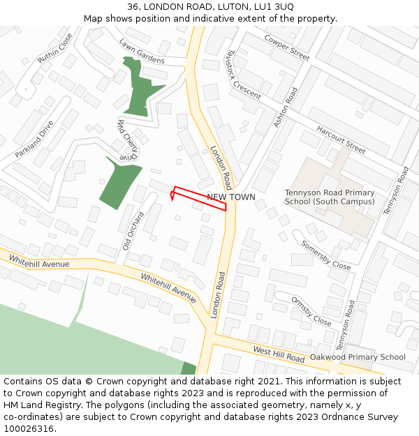 36, LONDON ROAD, LUTON, LU1 3UQ: Location map and indicative extent of plot
