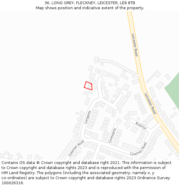 36, LONG GREY, FLECKNEY, LEICESTER, LE8 8TB: Location map and indicative extent of plot