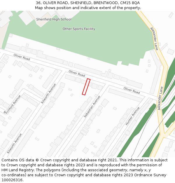 36, OLIVER ROAD, SHENFIELD, BRENTWOOD, CM15 8QA: Location map and indicative extent of plot