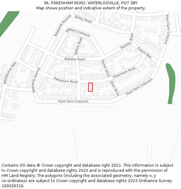 36, PAKENHAM ROAD, WATERLOOVILLE, PO7 3BY: Location map and indicative extent of plot