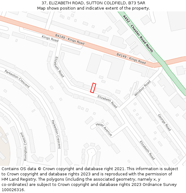 37, ELIZABETH ROAD, SUTTON COLDFIELD, B73 5AR: Location map and indicative extent of plot