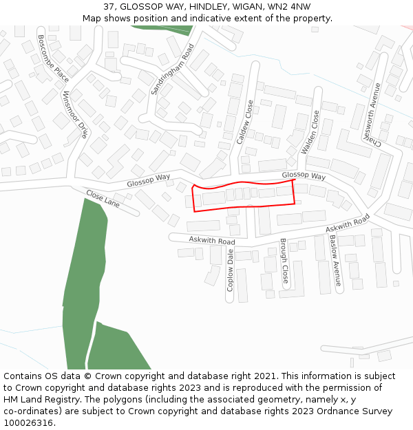 37, GLOSSOP WAY, HINDLEY, WIGAN, WN2 4NW: Location map and indicative extent of plot