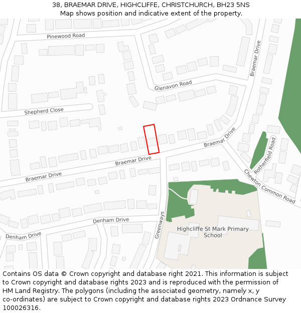 38, BRAEMAR DRIVE, HIGHCLIFFE, CHRISTCHURCH, BH23 5NS: Location map and indicative extent of plot