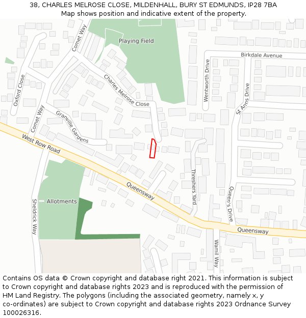 38, CHARLES MELROSE CLOSE, MILDENHALL, BURY ST EDMUNDS, IP28 7BA: Location map and indicative extent of plot