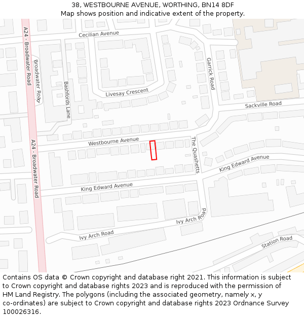 38, WESTBOURNE AVENUE, WORTHING, BN14 8DF: Location map and indicative extent of plot