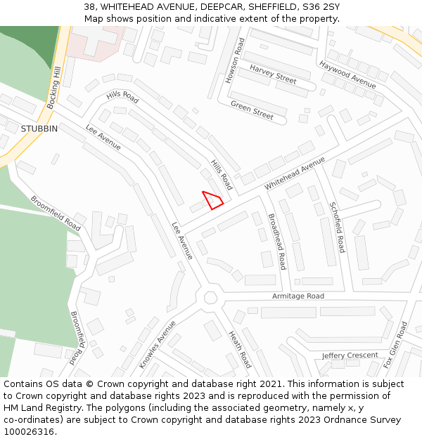 38, WHITEHEAD AVENUE, DEEPCAR, SHEFFIELD, S36 2SY: Location map and indicative extent of plot