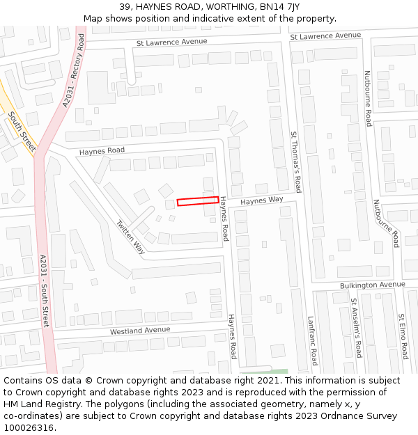 39, HAYNES ROAD, WORTHING, BN14 7JY: Location map and indicative extent of plot
