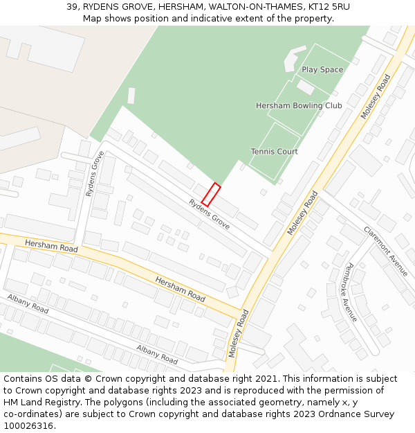 39, RYDENS GROVE, HERSHAM, WALTON-ON-THAMES, KT12 5RU: Location map and indicative extent of plot