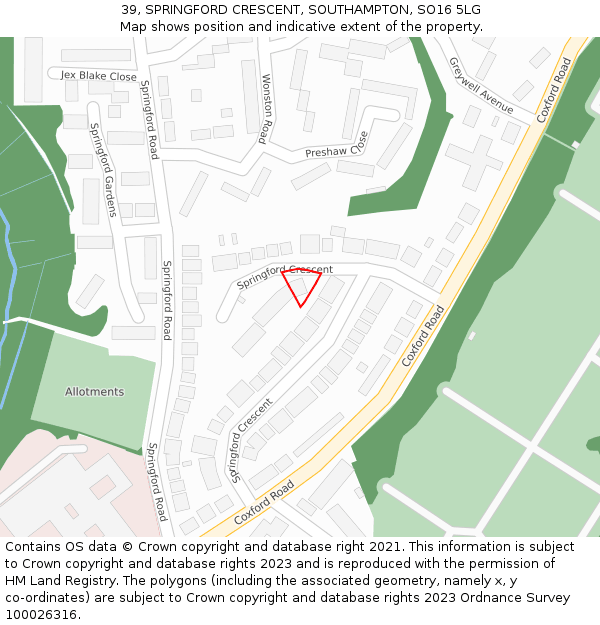 39, SPRINGFORD CRESCENT, SOUTHAMPTON, SO16 5LG: Location map and indicative extent of plot