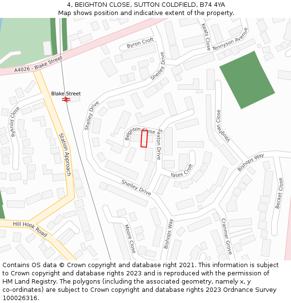 4, BEIGHTON CLOSE, SUTTON COLDFIELD, B74 4YA: Location map and indicative extent of plot